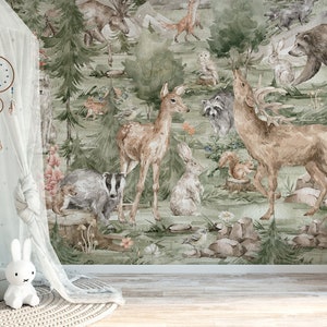 FOREST / Kids Wallpaper, Woodland Animals Wall Mural, Deer Nursery Wall Art