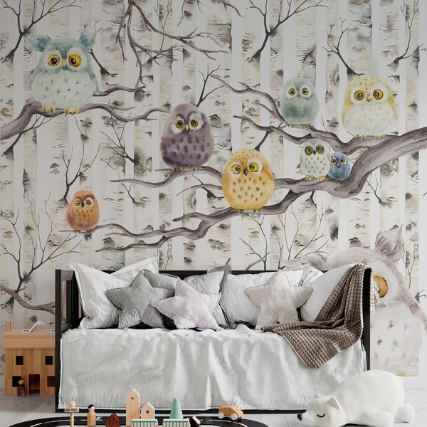 OWLBALLS / Waldtapete für Kinder, Wandgemälde mit Eulen und Bäumen