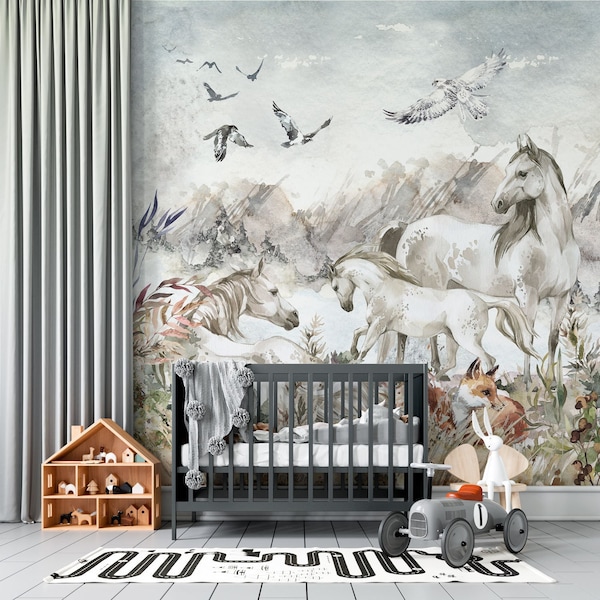 MIGHTY BEAUTY / Horses Wallpaper, Animals Wall Mural, White Horse Nursery Wall Art