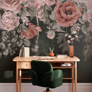Papel de parede “Papoulas” – Mural botânico com papoulas vermelhas em fundo escuro | Feito sob medida | Autoadesivo ou não tecido | Decoração de interiores