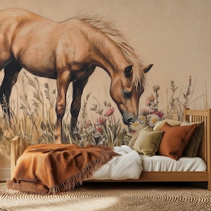 Taria Kids Wallpaper – Pastel horse and wildflowers wallpaper – horse wall art for kids  | Custom Size | Peel & Stick or Non-Woven