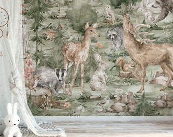 FOREST / Kids Wallpaper, Woodland Animals Wall Mural, Deer Nursery Wall Art