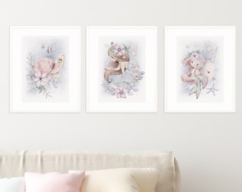 Poster MERMAID nursery print / Girls bedroom art / Set of 3 prints