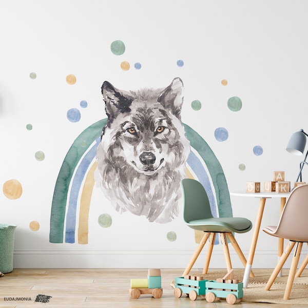 FRIENDS WOLF Wandaufkleber für Kinder / Regenbogen / Wolf / Boho