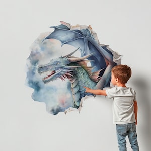 3D Dragon Wall Decal  - Realistic Fantasy Dragon Breaking Wall - Kids Room Decor