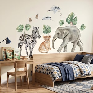 Pegatinas de pared de safari, acuarela, animales de la selva, decoración infantil, cebra, elefante, león, habitación infantil, calcomanías de pared, habitación de bebé, arte de safari