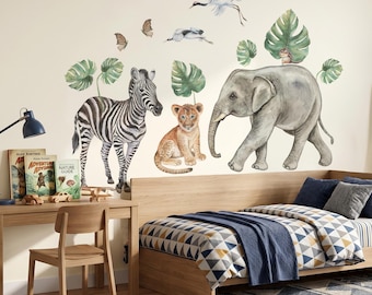Safari Wall Stickers Watercolor Jungle Animals Nursery Decor Zebra Elephant Lion Kids Room Wall Decals Baby Room Safari Art