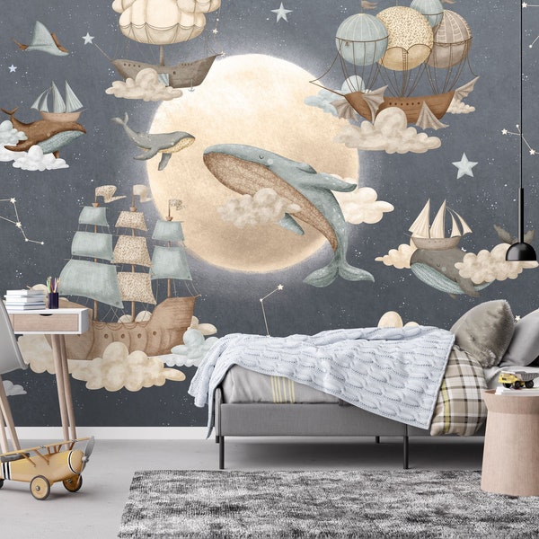 STARDUST - Stars Nursery Wall Mural / Night sky constellations / Whale and ships / Space Whale