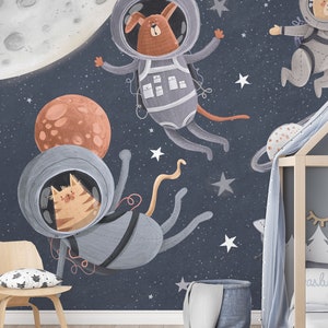 Carta da parati per bambini "Astro" - murale con animali spaziali | Fatto su misura | Autoadesivo o non tessuto | Decorazione della cameretta dei bambini
