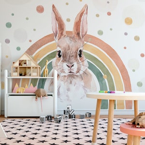 FRIENDS / Rainbow Kids Wallpaper, Rabbit Wall Mural, Bunny Nursery Wall Art