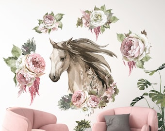 MIGHTY BEAUTY II Flower Wall decals / Horses Floral Decals / Peony Art /Stickers for Girl / Nursery Peony