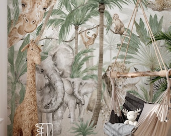 OASIS wallpaper for children / Watercolor animals / Jungle Plants / Tropical Wallpaper