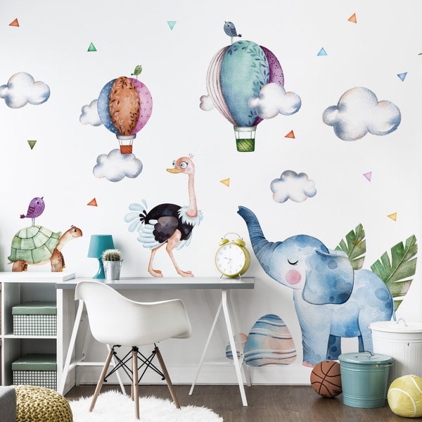 JUNGLE Elephant / Hot air balloons wall stickers for Kids / Animals wall decal