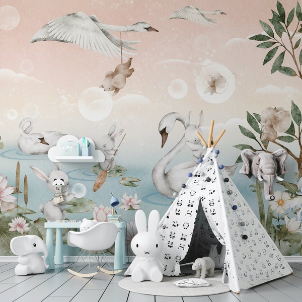 SWAN LAKE / Girls Nursery Wallpaper, Woodland Wall Mural, Animals Wall Art