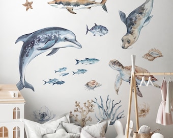 Oceania Wall Decals – Watercolor Sea Animals: Dolphin, Seal, Shark, Turtle – Kids Room Decor