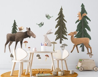 IN THE WOODS  Wall decal for kids / big set forest animals / nursery woodland / forest tree / watercolor