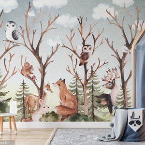 FOREST FAMILY Forest animals wallpaper / Tree / Soft Forest Wall Mural  / Watercolor woodland