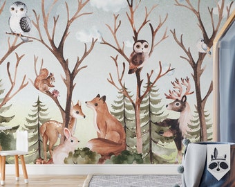 FOREST FAMILY Forest animals wallpaper / Tree / Soft Forest Wall Mural  / Watercolor woodland