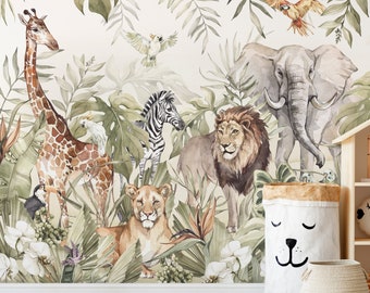 PARADISE /Papier peint jungle pour enfants, Papier peint Animaux, Girafe et éléphant