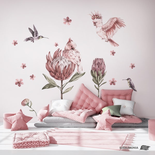 KAKADU Flower Wall decals / Parrots / Tropical birds / Watercolor decal / pink stickers / Stickers for Girl