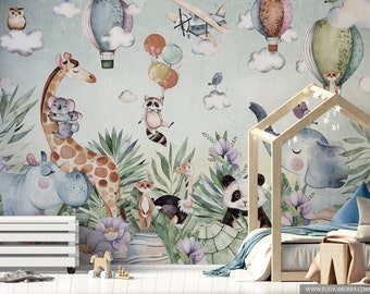 JUNGLE / Kinderjungle behang, Dieren muurschildering, Giraf en olifant