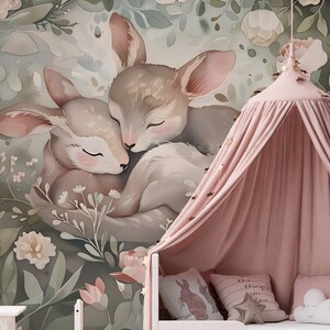 Blossom Babies Kids Wallpaper – Deer and Floral Mural | Custom Size | Peel & Stick or Non-Woven | Nursery Wall Decor