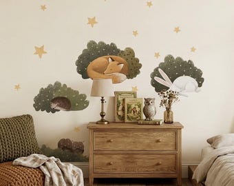 Woodland Animal Wall Decals for Kids Room, Forest Fox Bunny Hedgehog Stickers, Neutral Nursery Wall Decor