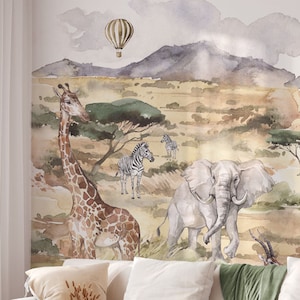 Carta da parati per bambini "Savana" - murale con animali africani | Fatto su misura | Autoadesivo o non tessuto | Decorazione della cameretta dei bambini