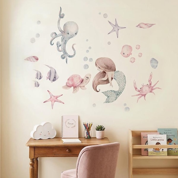 Mermaid Wall Decals for Nursery Soft Watercolor Sea Animals Decor