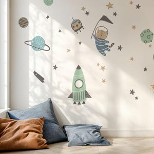 Space Wall Stickers for Kids Room – Rocket, Planets and Cat Astronaut | Colorful Space Decals | Nursery Outer Space Decor Boys Girls