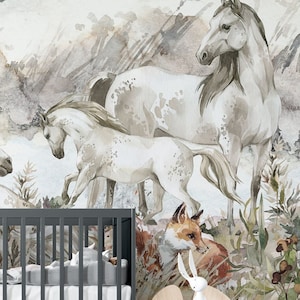 Mighty Beauty Kids Wallpaper – Mural with Horses and Forest Landscape | Custom Size | Peel & Stick or Non-Woven | Nursery Wall Decor