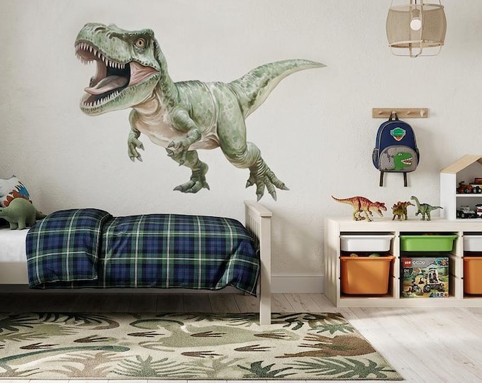 Realistic T-Rex Wall Decal, Large Green or Blue Dinosaur Sticker for Kids Room – Left or Right