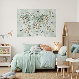 Selbstklebende Weltkarte als Wandtattoo, Tierkarte, Kinderzimmerposter