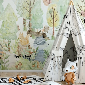 Woodland Kids Wallpaper – Mural with Forest Animals | Custom Size | Peel & Stick or Non-Woven | Nursery Wall Decor