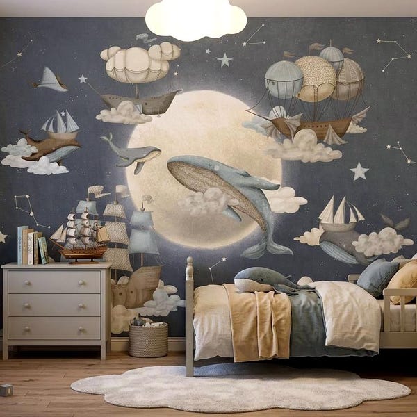 Stardust Kids Wallpaper – Night Sky Mural with Whale, Ships, and Moon | Custom Size | Peel & Stick or Non-Woven | Nursery Decor