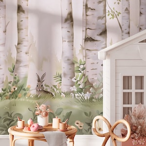 Carta da parati per bambini "Bunny Haven" - un murale di conigli in un ambiente boschivo | Fatto su misura | Autoadesivo o non tessuto | Decorazione della cameretta dei bambini
