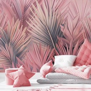 Pinkotropic Wallpaper – Rosa Tapete mit exotischen Blättern | Maßanfertigung | Selbstklebend oder Vlies | Mädchenzimmerdekoration
