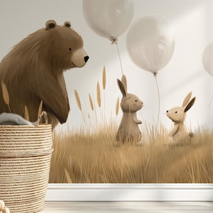 Carta da parati per bambini con palloncini - Carta da parati con orso e coniglietti - Carta da parati beige con animali per la cameretta dei bambini