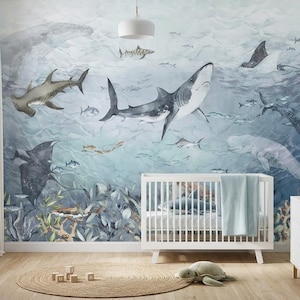 Seaway Kids Wallpaper – Ocean Sharks and Sea Animals Mural | Underwater Wall Art for Nursery & Boys Room | Custom Size Kids Decor
