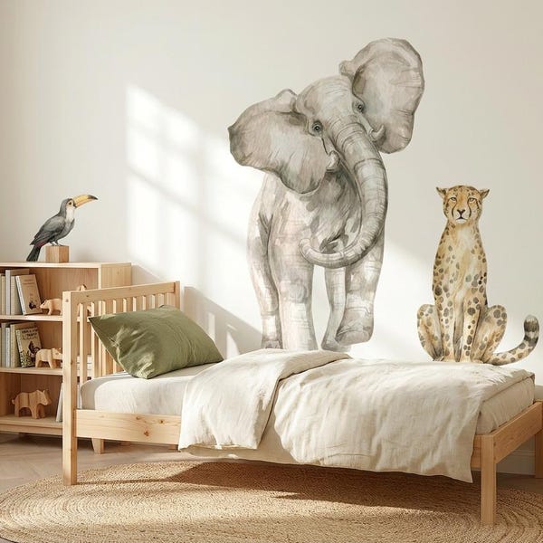 Pegatinas de pared de safari con elefantes y leopardos, decoración infantil, calcomanías de pared con animales de la selva en acuarela