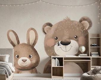 May include: A bedroom wall mural featuring a large illustration of a brown bear and a brown rabbit on a beige background. The room includes a wooden bed frame with gray bedding, a wooden desk with shelves, a gray rug, and a beanbag chair.