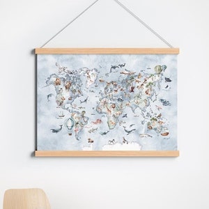 WORLD MAP Canvas Wall Hanging - Kids Room Decor - Animals Wall Art