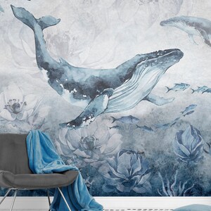 Carta da parati per bambini "Oceania Whale" - murale con una balena e una barriera corallina | Fatto su misura | Autoadesivo o non tessuto | Decorazione della cameretta dei bambini