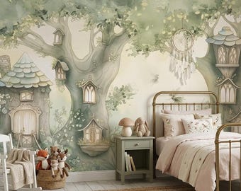 May include: A bedroom featuring a wall mural with a watercolor forest scene, including tree houses and a dreamcatcher. The room contains a metal bed frame with light bedding, a wooden nightstand, a white rocking chair, and plush animal toys.