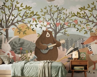 Forest Party Mural – Woodland Kids Wallpaper with Forest Animals | Custom Size | Peel & Stick or Non-Woven | Playroom Decor