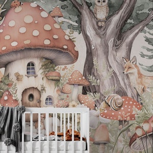 Mushroom Fairy Tale Kids Wallpaper – Mural with Mushroom House and Woodland Animals | Custom Size | Peel & Stick or Non-Woven