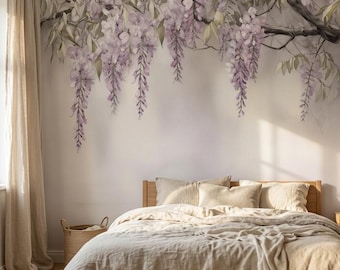 Pastel Wisteria Wallpaper, Soft Botanical Wall Mural for Bedroom or Nursery, Custom Size – Asumi