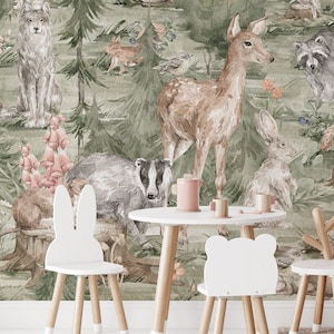 Forest Kids Wallpaper – Woodland Animals Mural | Custom Size | Peel & Stick or Non-Woven | Nursery Wall Decor