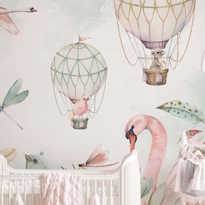 Harmony Kids Wallpaper – Mural with Swans, Hot Air Balloons in Pastel Shades | Custom Size | Peel & Stick or Non-Woven | Nursery Wall Decor