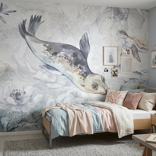 Oceania Seals Kids Wallpaper Mural Watercolor Ocean Animals Nursery Wall Art